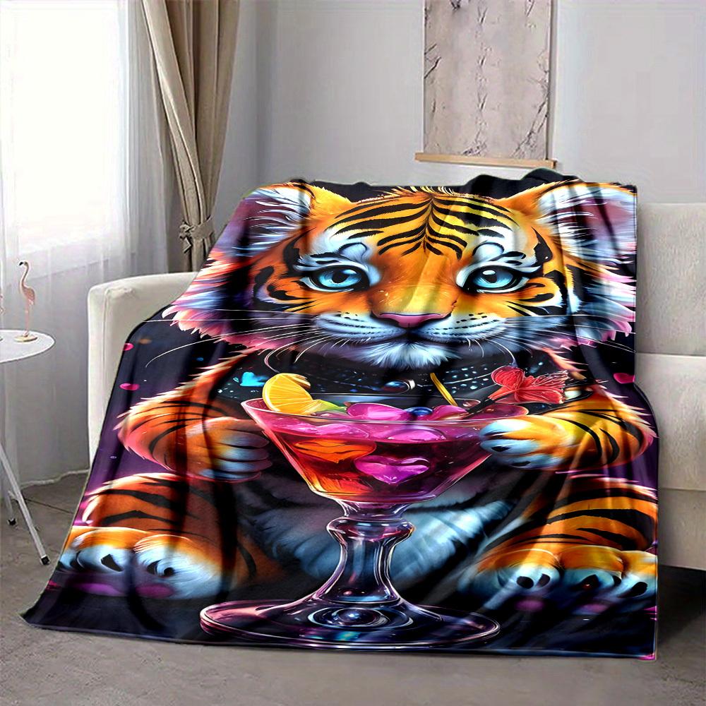 1pc Tiger Cocktail Glass Blanket Lightweight Flannel Blanket Throw Blanket For Sofa, Bed, Travel, Camping, Livingroom, Couch, Chair, And Bed yy2509026