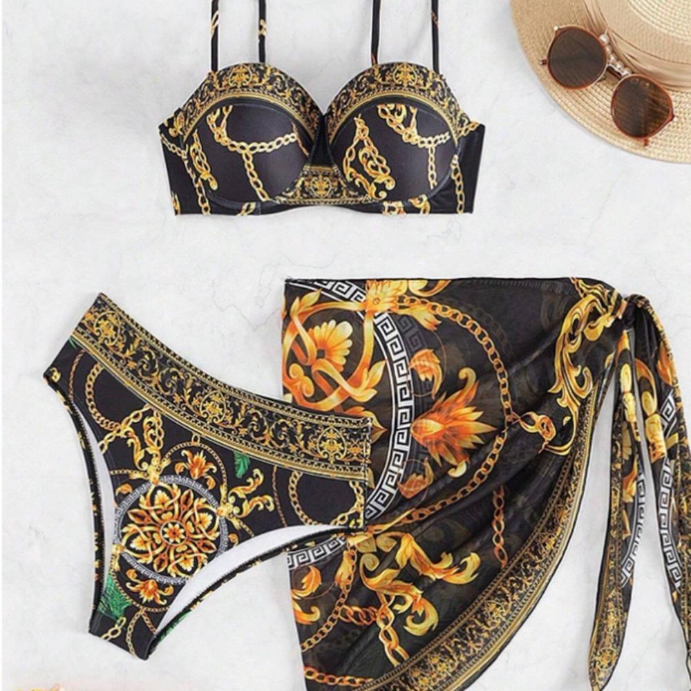 European and American New One-piece Swimsuit Sexy Back Printed Women's Three-piece Bikini