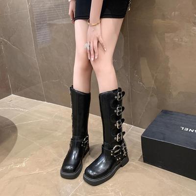 Fashion Metal Buckle Square Toe Knee High Boots Women Black PU Leather Punk Long Boots Woman Autumn 2024 Chunky Heels Motorcycle Booties
