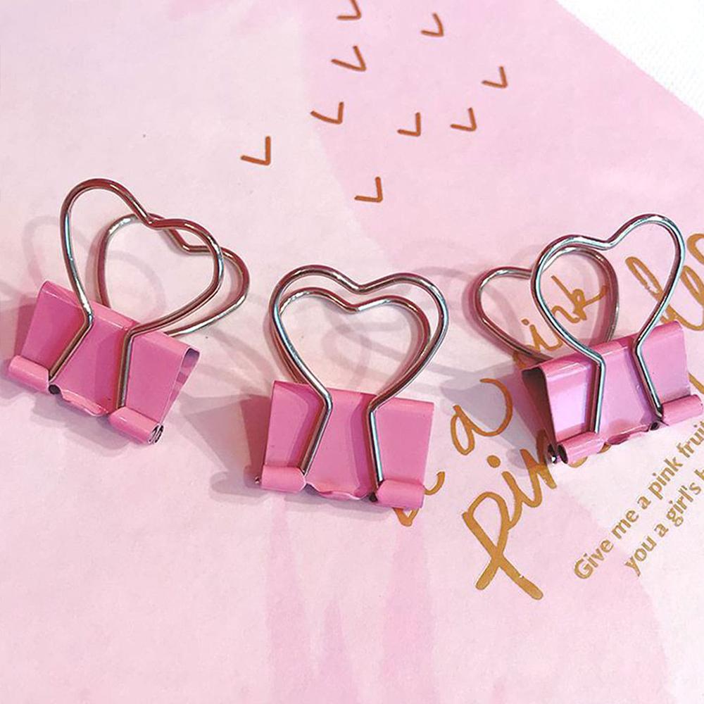 3Pcs Heart Pink Binder Clip Heart Shape Handle Metal Paper Clips for Office School Home Supplies