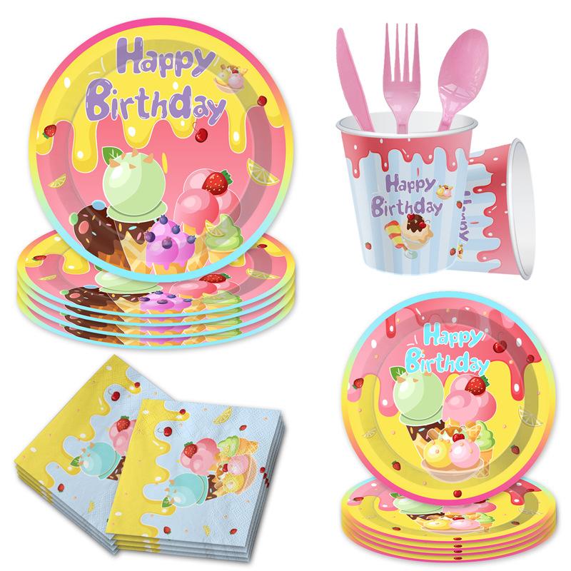 Dessert Ice Cream Party Tissue Decoration Summer Disposables Flag Paper Plate Paper Cup Tableware Arrangement Set
