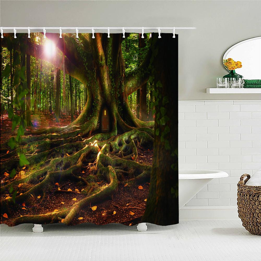 Tropical Rainforest Forest Shower Curtains Bathroom Curtain 3D Natural landscape Fabric Waterproof Bath Curtain with Hooks