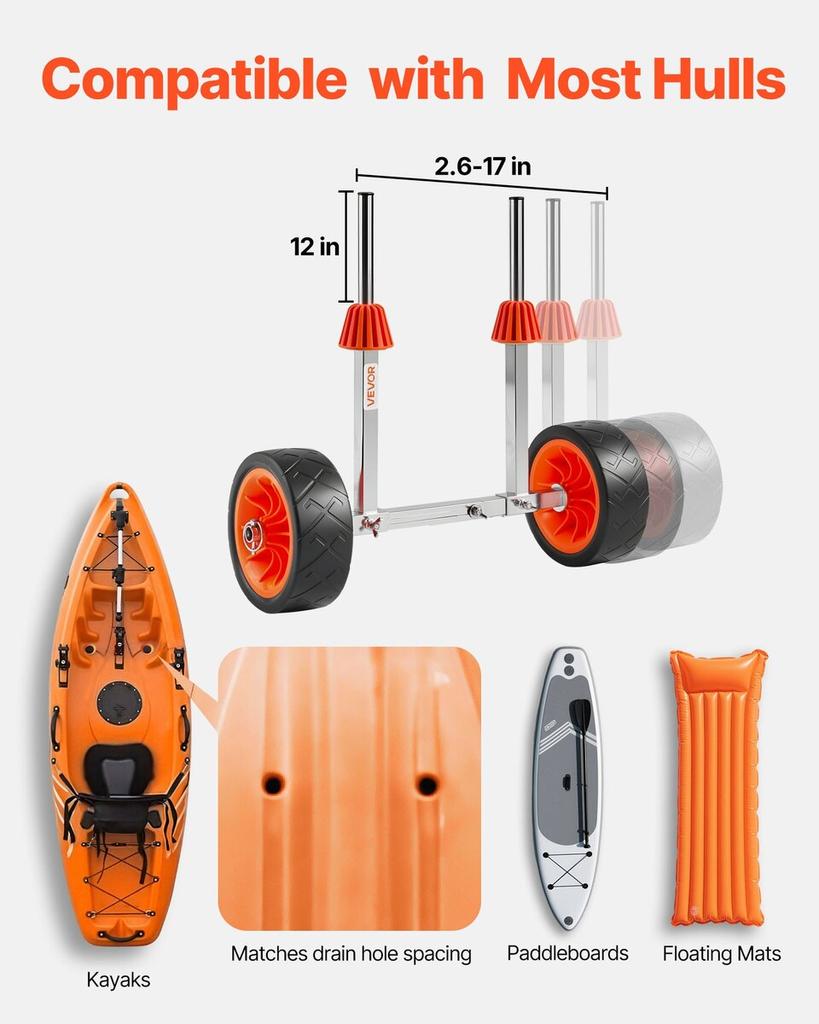 Kayak Cart, 113.4 Kg Load Capacity, Canoe Cart Dolly with 19.1 Cm Solid Rubber Tires & Kickstand, Assembles & Disassembles Within Seconds, Paddle