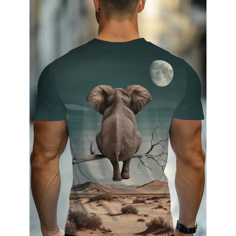 Men's 3D Elephant Print T-shirt Short Sleeved T-shirt Breathable Polyester Round Neck Casual Streetwear Top