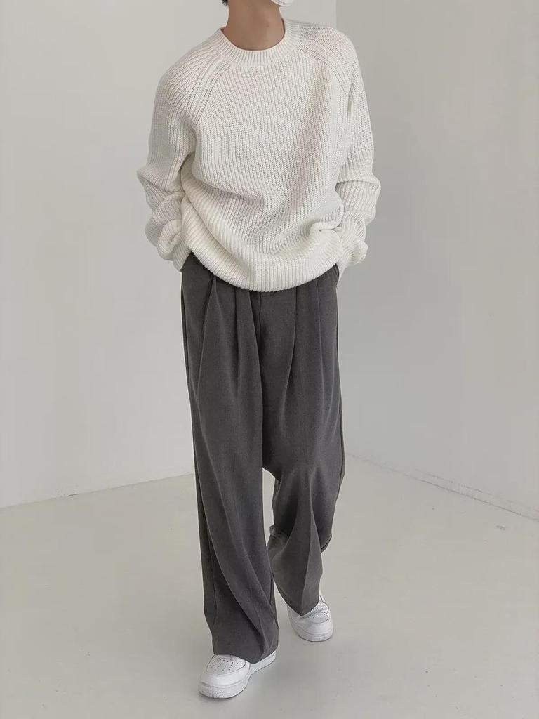 Men's Korean Style Round Neck Solid Color Sweater - High-End & Trendy Autumn/Winter Casual Pullover