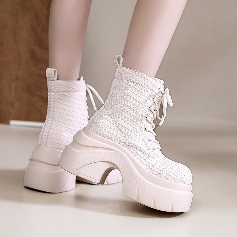Fashion 9CM Women's Chunky Motorcycle Boots Autumn Hidden Heels Leather Sneakers Winter Heels Platform Boots Weave Mid-calf Boots Woman