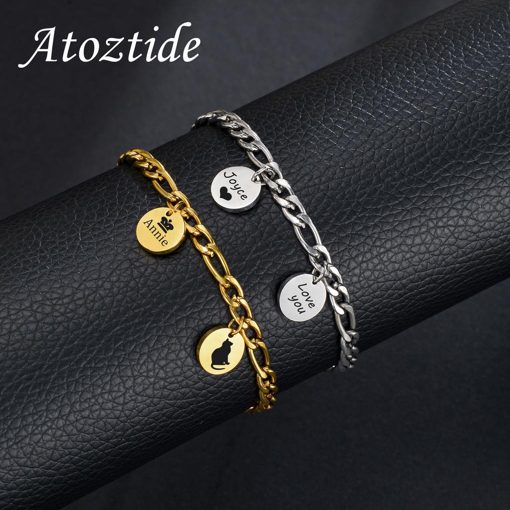 Atoztide Engraved Name Bracelets Stainless Steel For Men Women Personalized Letter Date Bangle Thick Figaro Chain Jewelry Gift