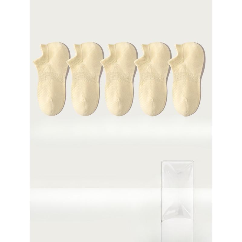 5 Pairs of Women's Summer Thin Style Versatile Solid Color Mesh Breathable 7A Antibacterial Deodorant Boat Socks