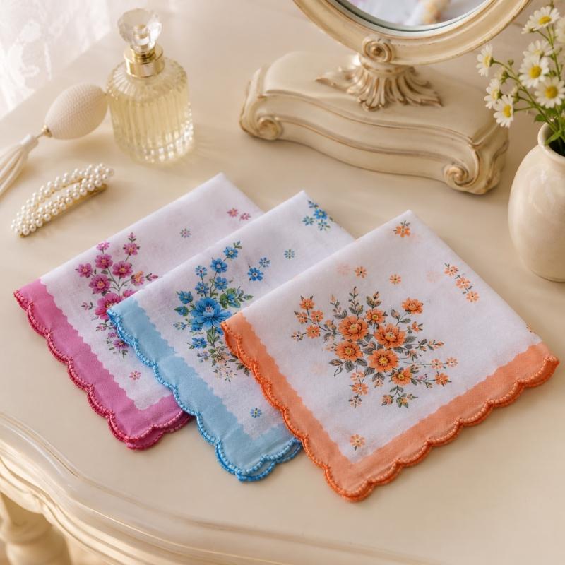 Flower Motif Handkerchief Set, 18Pcs Soft Cotton Cloths with Scalloped Trim for Personal Wiping, Table Settings, and Small-Item Wrapping