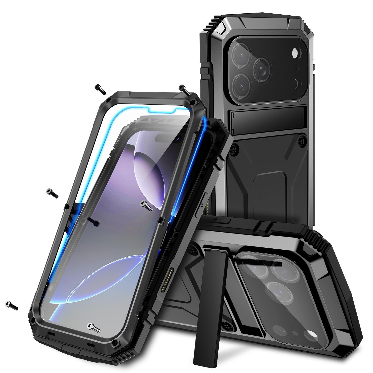 

Металлический противоударный защитный чехол для iPhone 17 Pro Max с подставкой-крестовиной iPhone 17 Pro чёрный