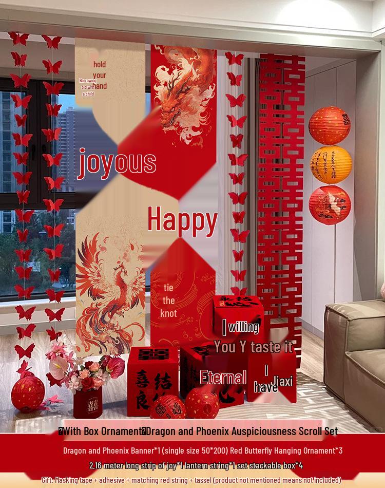 Double Happiness Wedding Room Cloth Banner Set for Ceremony and Hotel Décor