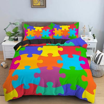 3D-Druck Bunte Puzzle Bettbezug King Queen Geometrische Figur Tagesdecke Einfaches Polyester Bettwäsche-Set für Kinder Jungen Mädchen