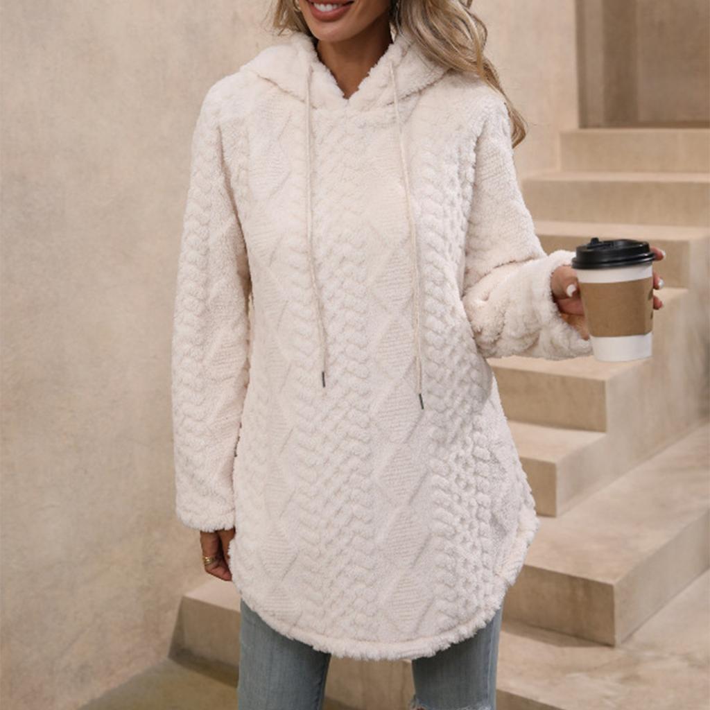 Women's Casual Solid Color Hooded Pullover Long Sleeve Furry Sweatshirt