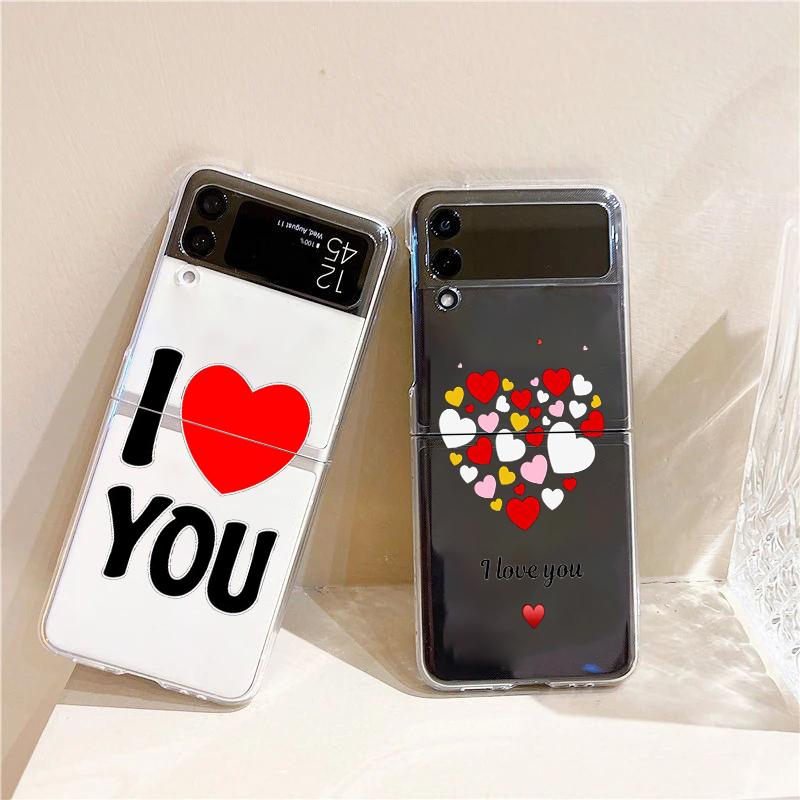 I Love You Pink Heart Fashion Phone Case For Samsung Galaxy Z Flip 3 4 5 6 7 Hard Folding Z Flip4 Clear PC Cover Protector Gift