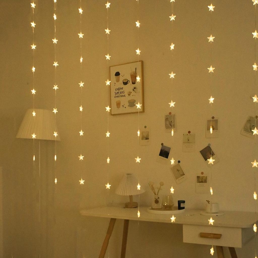 1pc 72LED Star Curtain Lights Charming Fairy Tale Star Shape Hanging Lamp Perfect For Bedroom Wall Courtyard Wedding Party Decor
