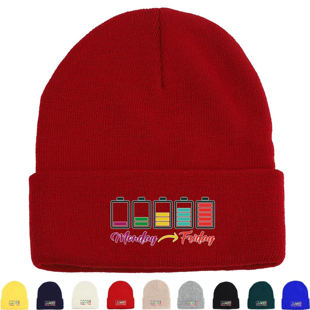 Monday Friday" Battery Print Knit Cap Beanie, Woman Cap Cancer Chemo Cozy Trendy Bobble Hat Knitted Hat Beanie