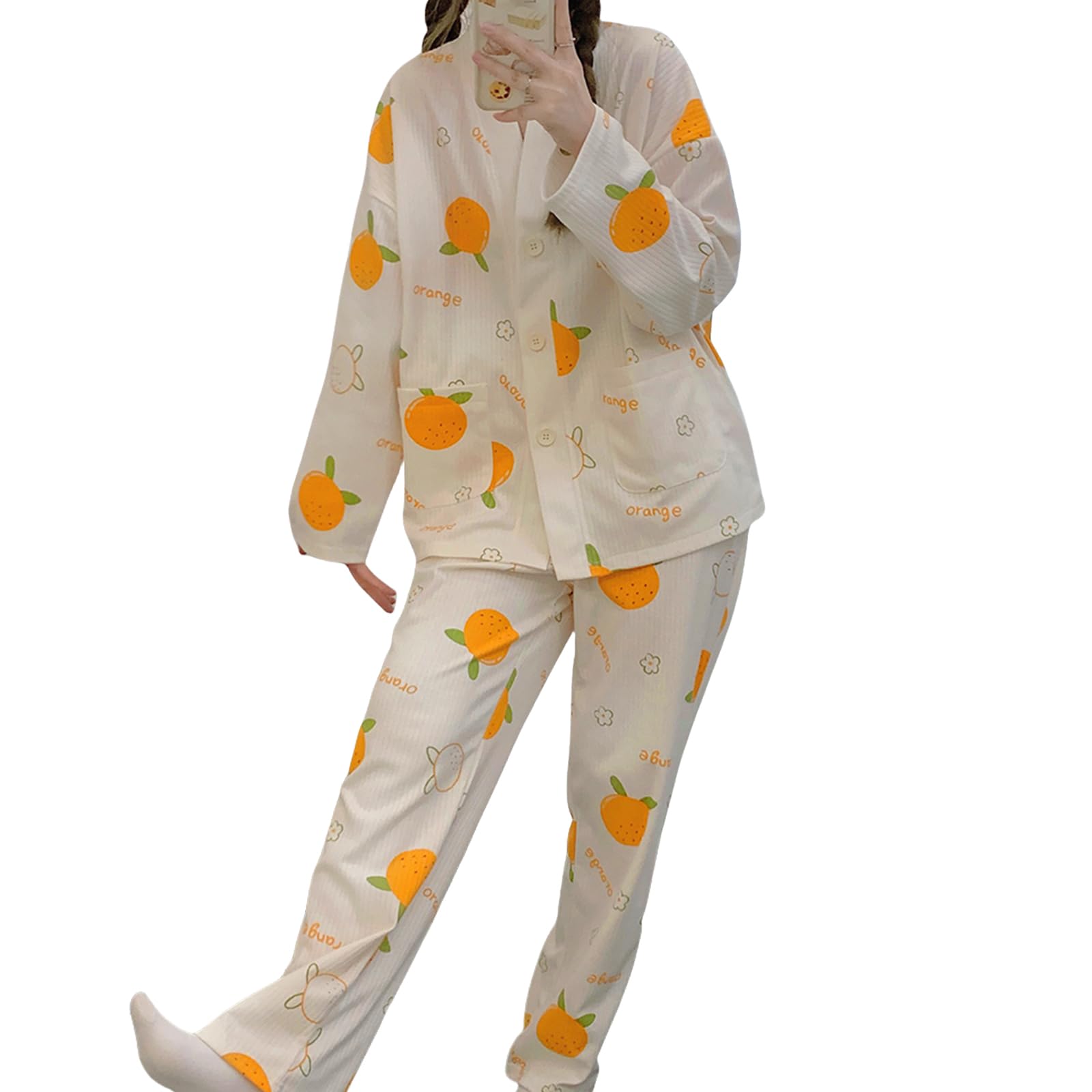 

Top and Bottom Long Tangerine Peach Loose Winter [7-livehouse] Women s Pajamas, Set, Sleeves, Loungewear, 2-Piece Set, Open-Front, Print, Print,