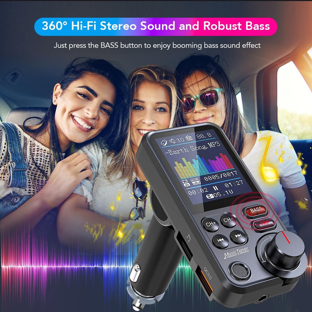 1.8 Inch Wireless Car Bluetooth FM Transmitter Aux Supports QC3.0 Charging Treble and Bass Sound Music Player