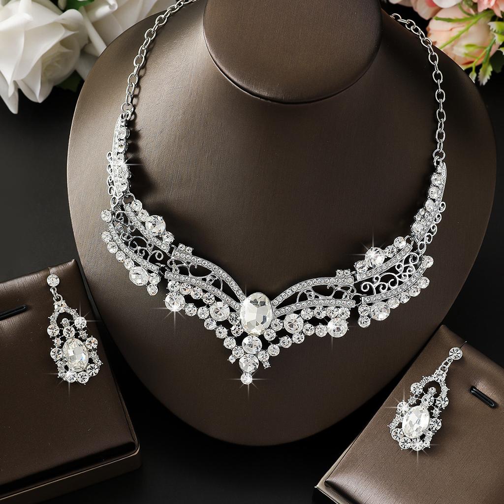 Bridal Jewelry Two-Piece Set Alloy Diamond Necklace Evening Dress Earrings Set Yiwu Jewelry