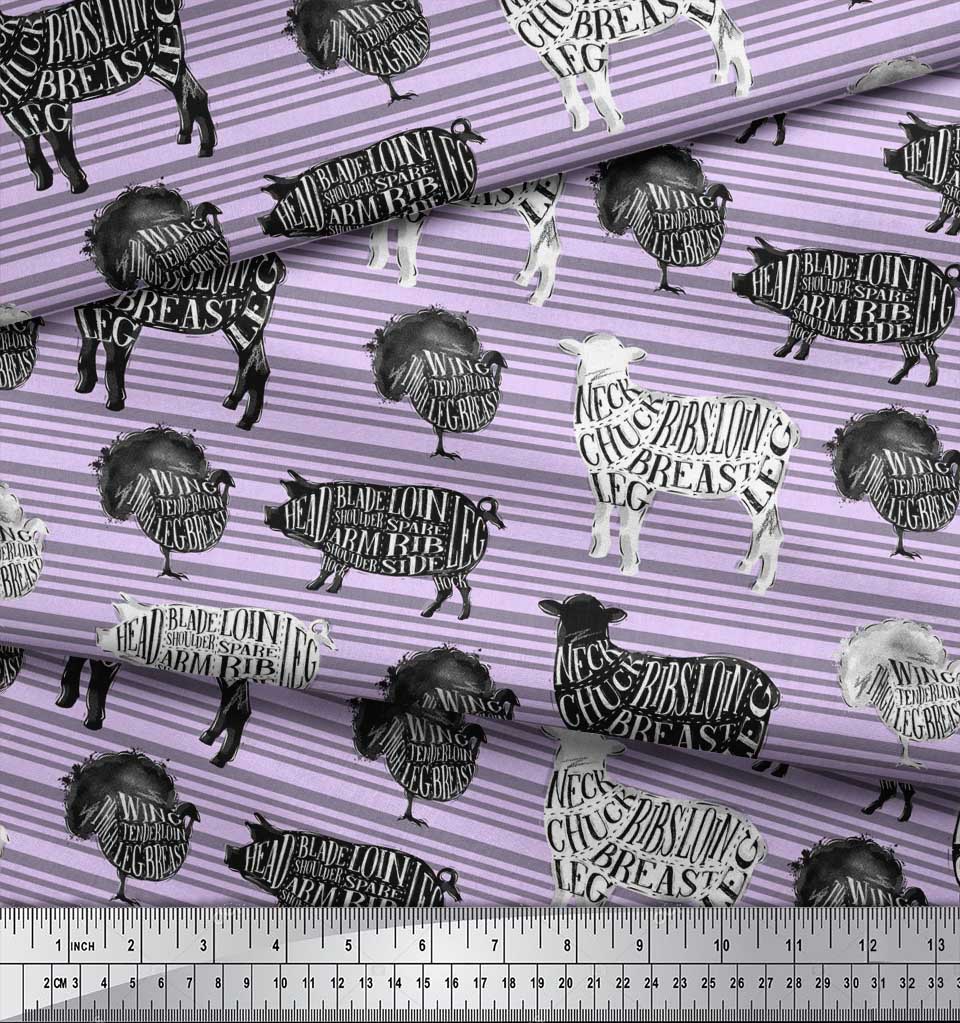 Soimoi Purple Japan Crepe Satin Fabric Stencil Cow & Pig Animal Printed Fabric 1 metre 42 Inch