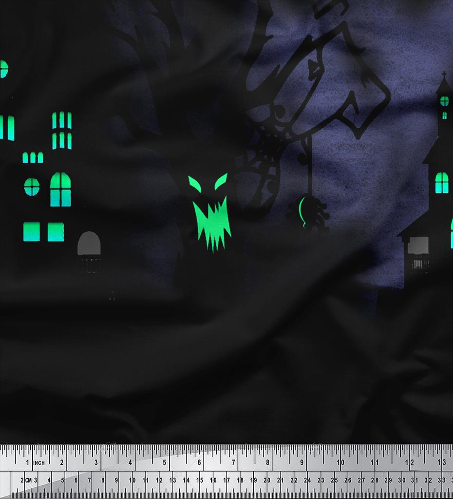 Soimoi Japan Crepe Satin Fabric Tree|Moon & Haunted House Panel Printed Craft Fabric by the Metre 42 Inch