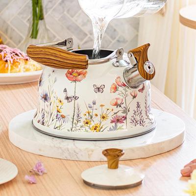 Whistling Kettle Stainless Steel Floral Pattern with Ergonomic Grip Handle Coffee Tea Maker