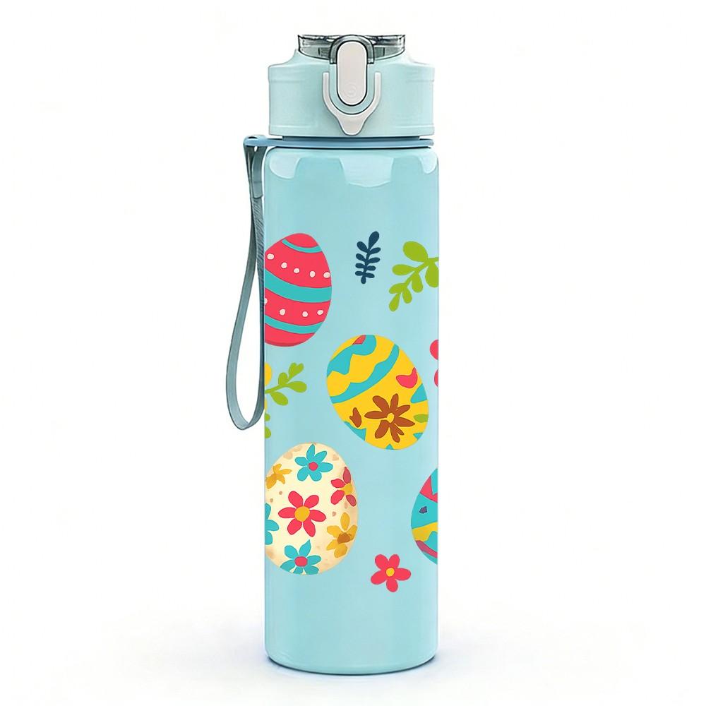 1PC Colorful Easter Egg Pattern Print 750ml Color Plastic Sports Water Bottle Leakproof Flip Straw Lid Suitable for Sports Office Home Use
