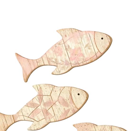 3Pcs/Set Wooden Fish Wall Decoration, Plants Pattern Fish Wall Art for Beach, Lake House, Nautical Coastal Ocean Theme Hanging Ornament