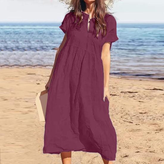 Damen Maxikleid aus Baumwolle und Leinen, lässig, kurzärmelig, V-Ausschnitt, Sommerkleid, lockeres, plissiertes langes Strandkleid für den Sommerurlaub