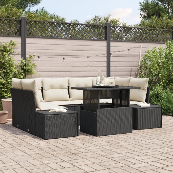 VidaXL Ensemble de canapé de jardin 7 pièces avec coussins Noir Poly Rattan 3357850