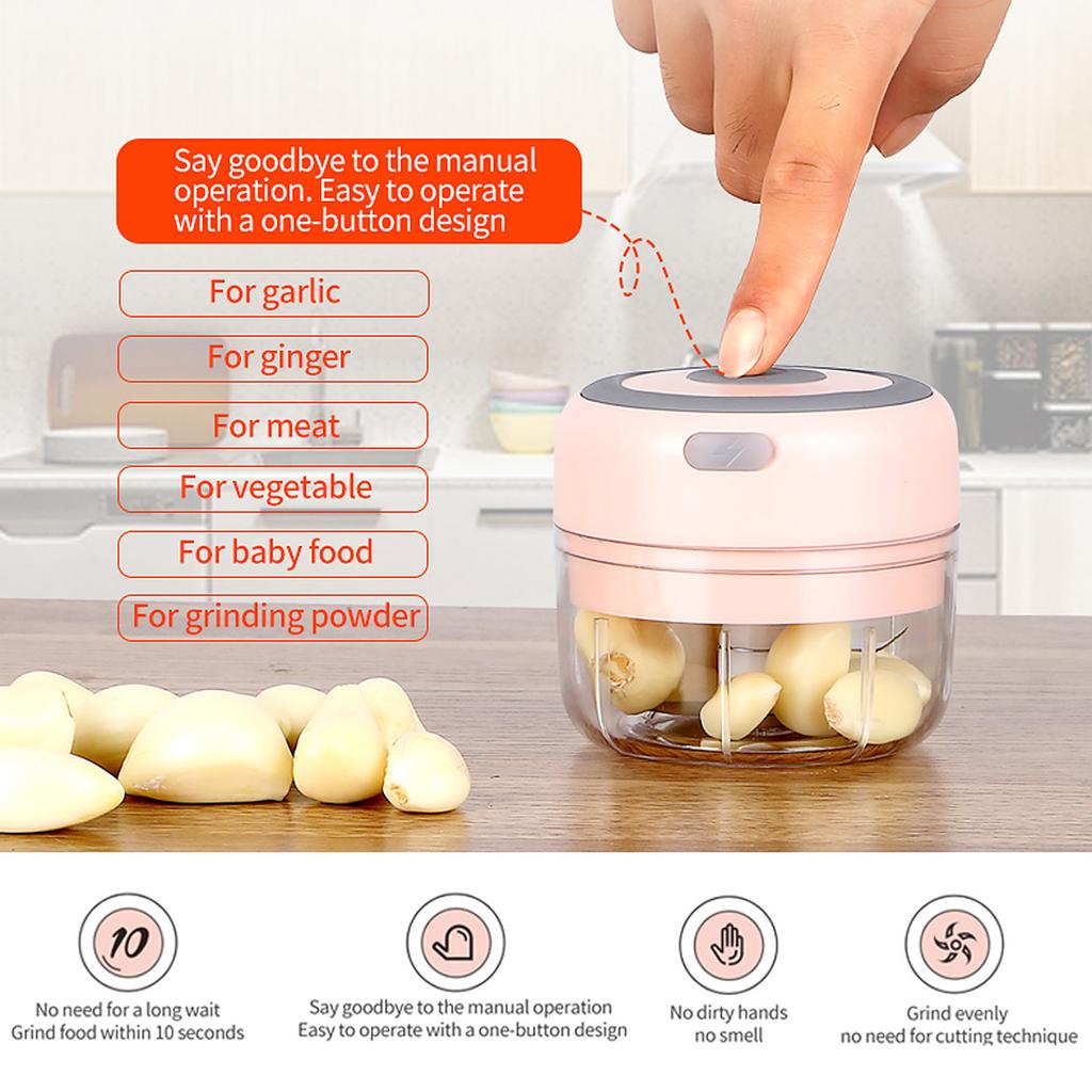 Mini Garlic Grinder Electric Garlic Chopper Cordless Food Fruit Vegetable Blender Kitchen Gadgets 250ML USB Rechargeable