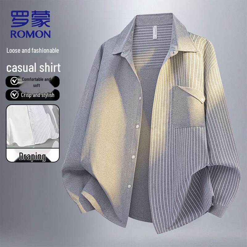ROMON Men s Casual Striped Long Sleeve Shirt L