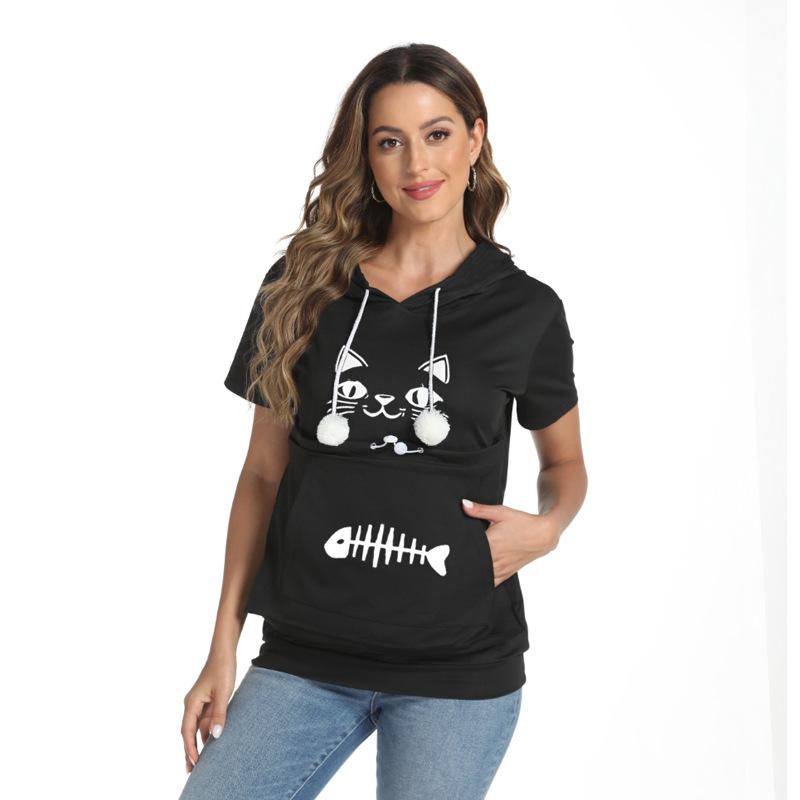 Women's summer cat face fish bone print loose large pocket short-sleeved hooded T-shirt