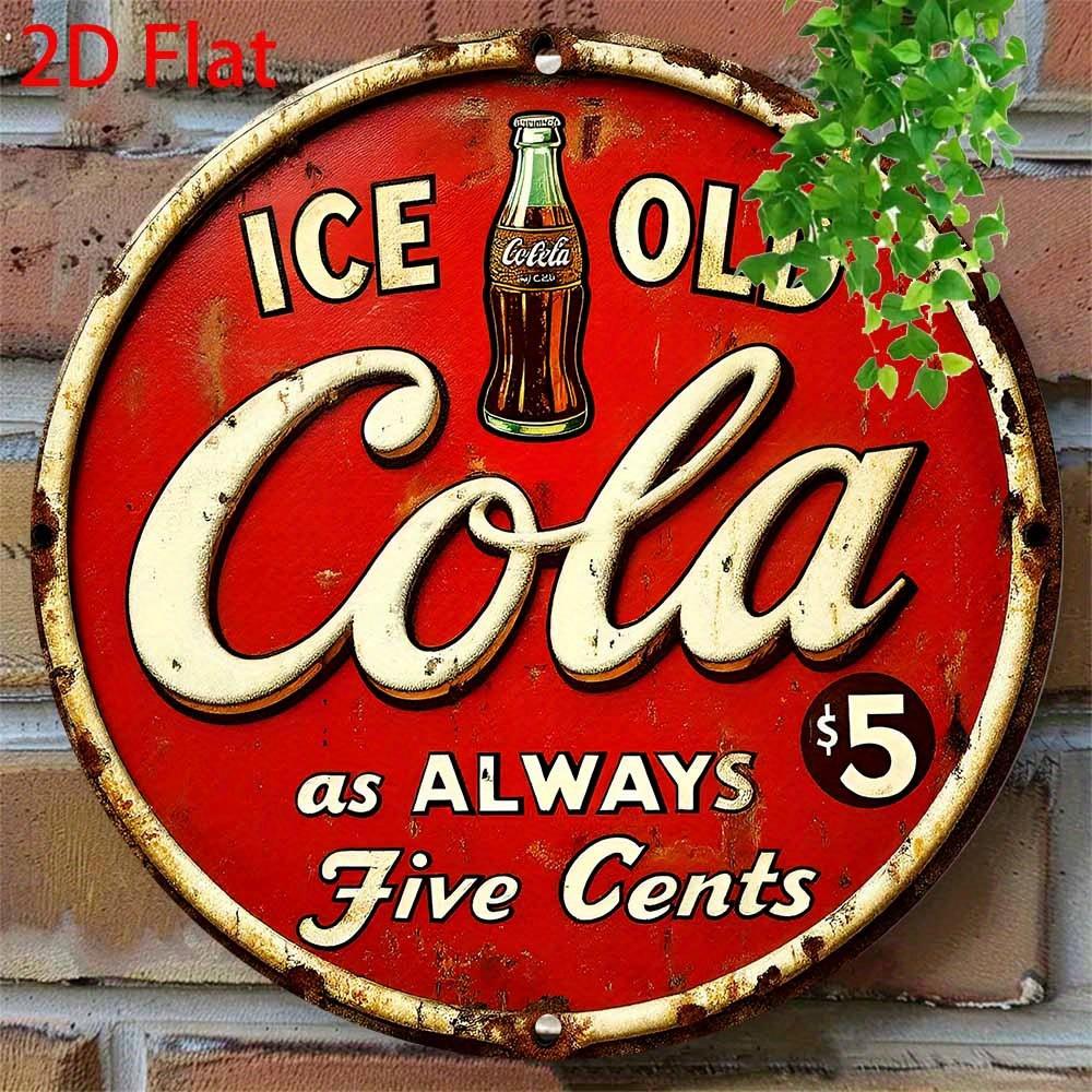 D Flat Vintage Ice Cold Cola Five Cents Retro Round Metal Tin Sign Classic Soda Themed Wall Decor Distressed Red White B