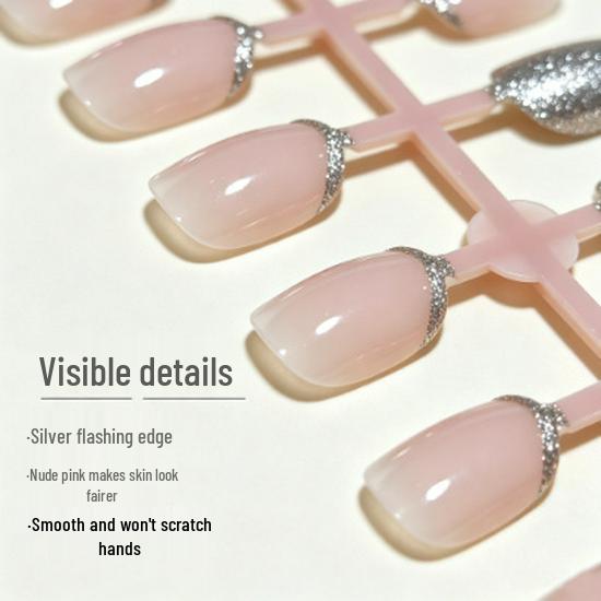 Nude Pink Silver Glitter French Manicure Short Square False Nails - Luxury Whitening Temperament Nail Tips
