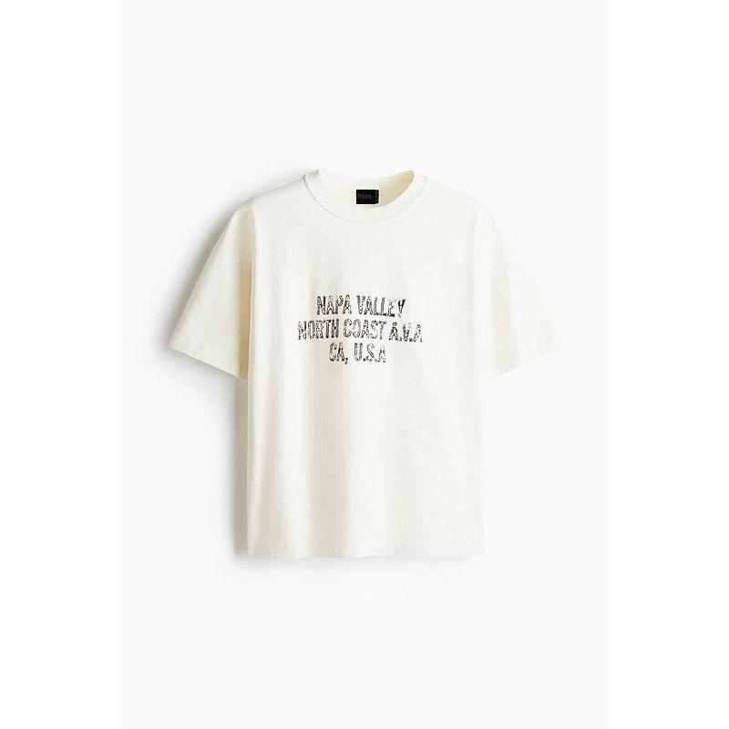 

HM Мужская одежда Женская футболка 2025 Лето Новинка Тяжелая мода Трендовая Свободный крой Принт Короткий рукав 1262292 Cream/Napa Valley 165/84(XS)