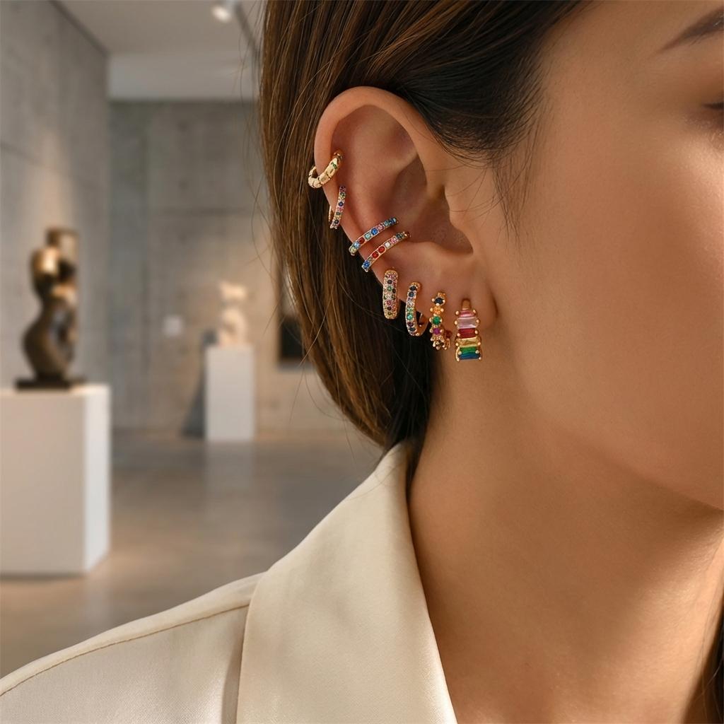 Y2K Aesthetic Rainbow Earring Set for Women Multicolor Zircon Huggie Hoops Cartilage Ear Cuff Summer Festival Party Jewelry