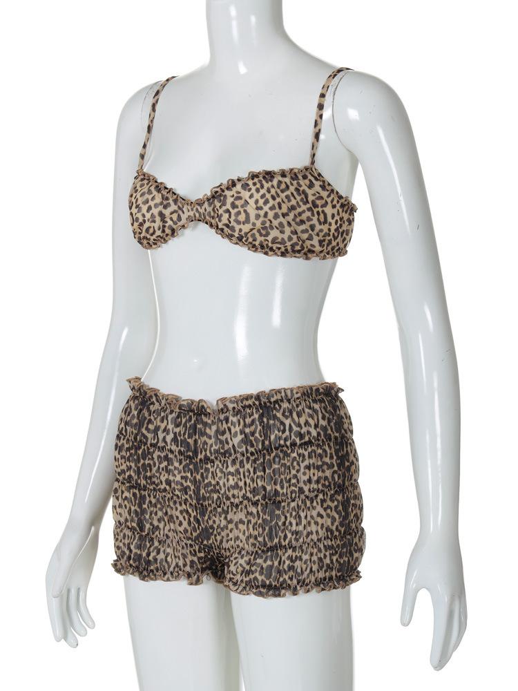 Leopard Print Ruffles Women Sexy 2 Piece Set Women Sexy Camis Bra Crop Tops + Low Waist Shorts Summer Holiday Beach Outfits Suit
