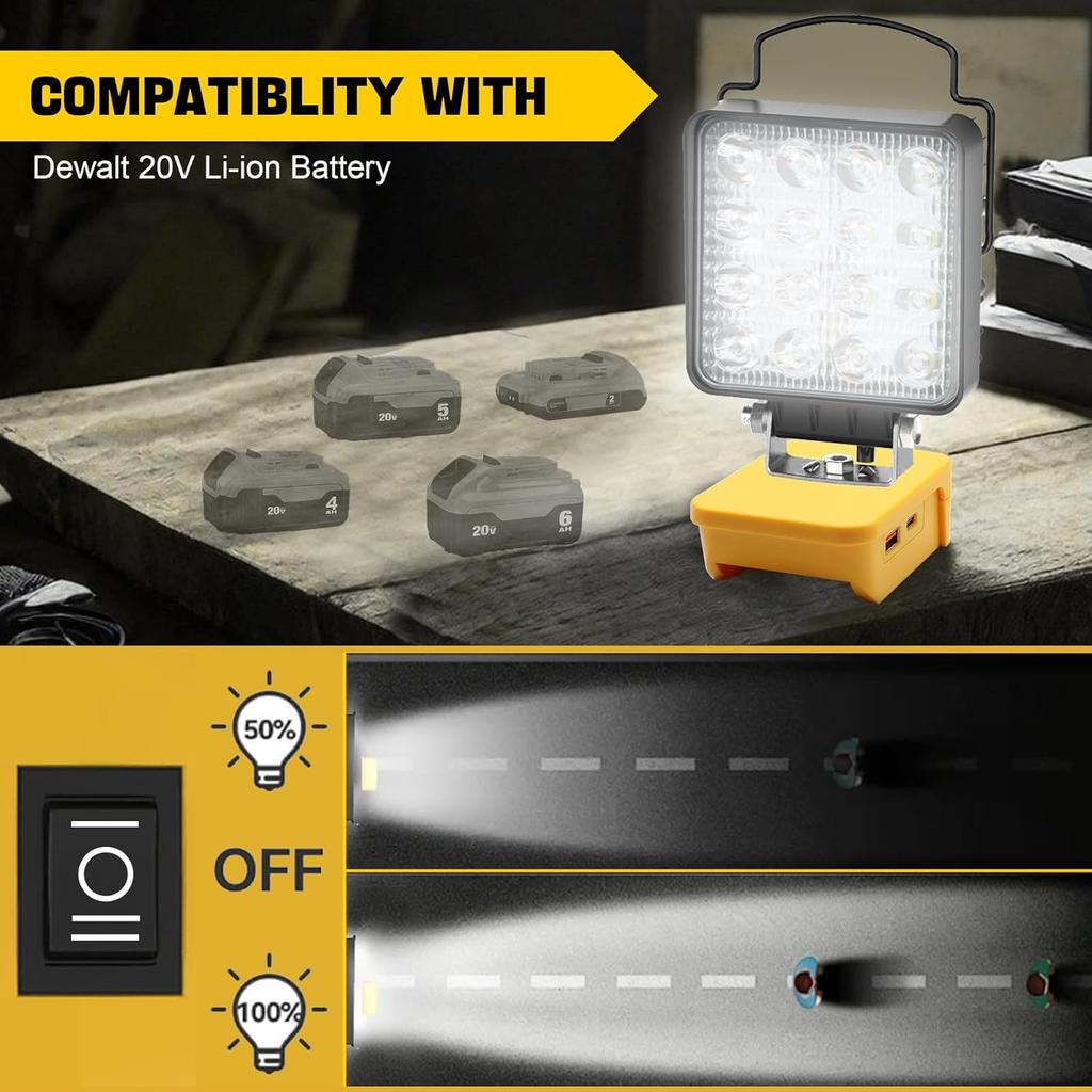 LED Work Light Compatible with Dewalt 18V/20V Battery, 48W 4800LM Flashlight, Cordless Flood Light with USB/Type C Charging Port and Low Voltage