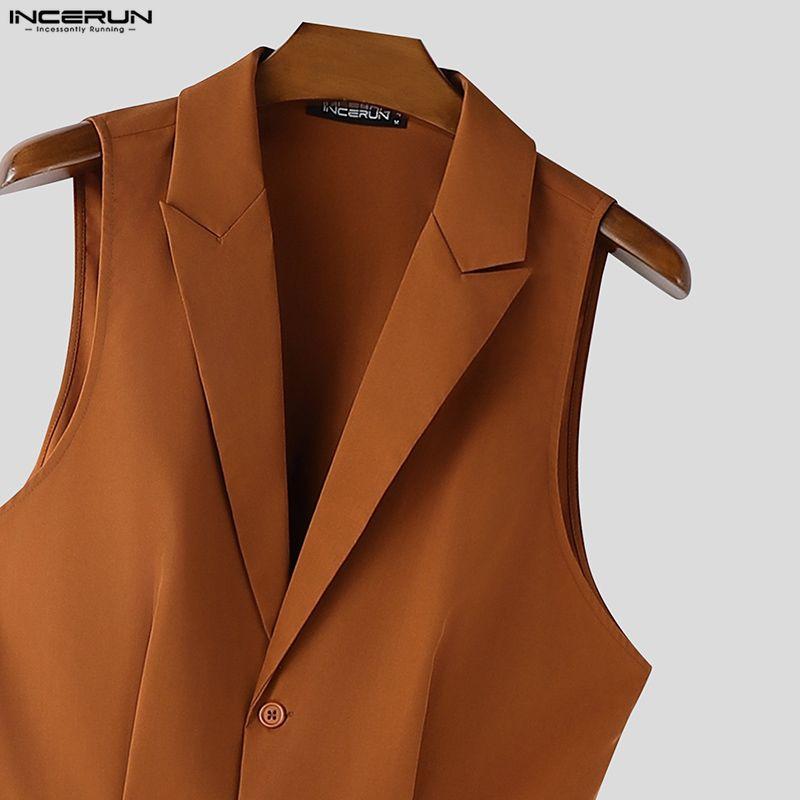 INCERUN Men Lapel Neck Sleeveless Button Up Casual Loose Long Rompers Jumpsuits