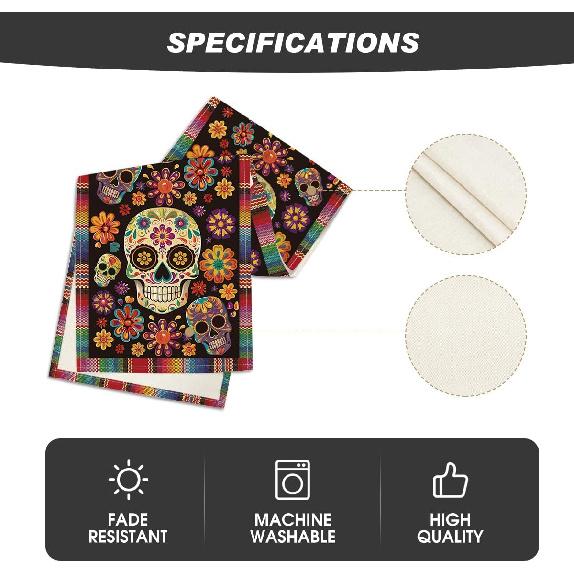 Artoid Mode Flowers Sugar Skull Mexican Day of The Dead Table Runner, Dia De Los Muertos Kitchen Dining Table Decoration for Home Party Decor 13x72