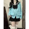 Women's Light Blue JK Cardigan - V-Neck, Long Sleeve, School Uniform Style Knit Sweater for Spring/Autumn