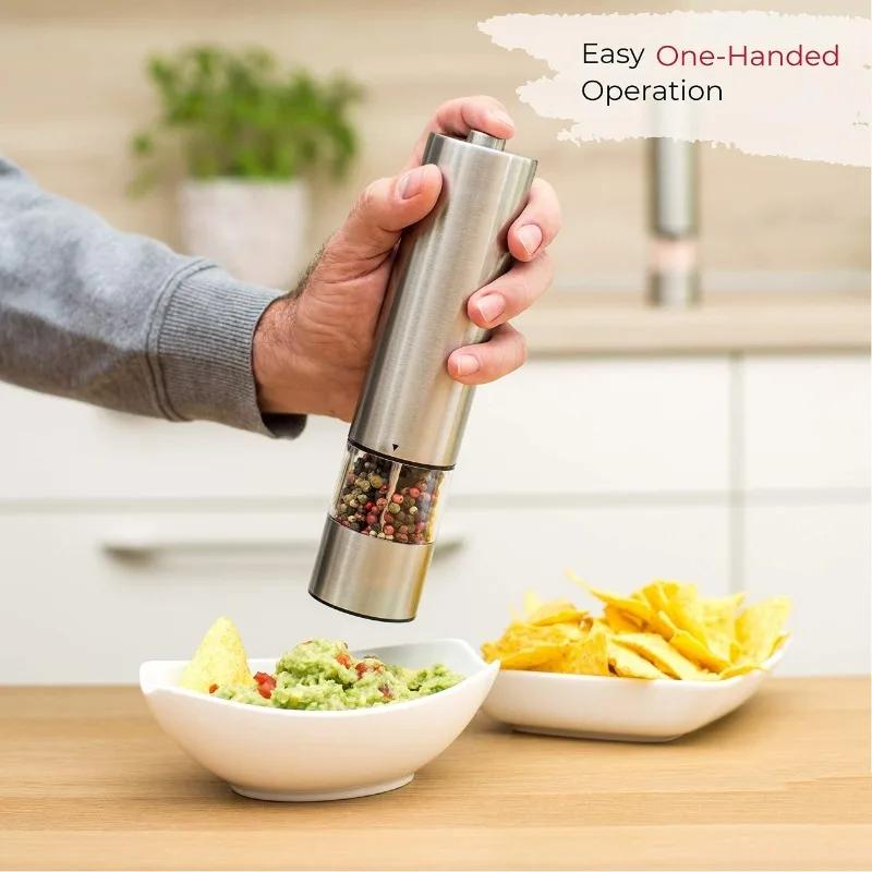 Electric Salt And Pepper Grinder Set - Battery Operated Stainless Steel Mill With Light - Automatic One Handed Operation