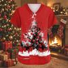 Women's Christmas Print V-Neck Short Sleeve Work Top with Pockets and Side Slits