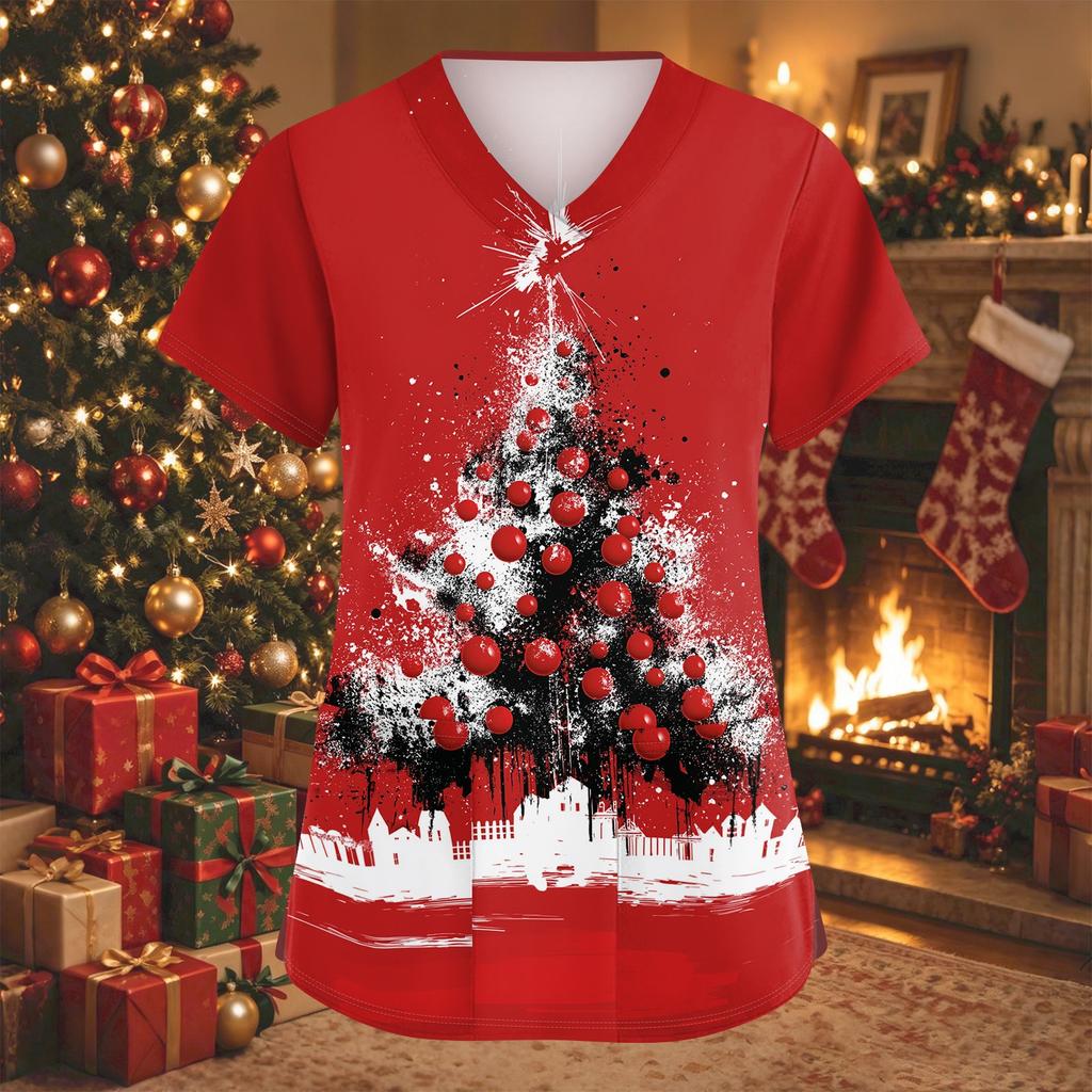 Women's Christmas Print V-Neck Short Sleeve Work Top with Pockets and Side Slits
