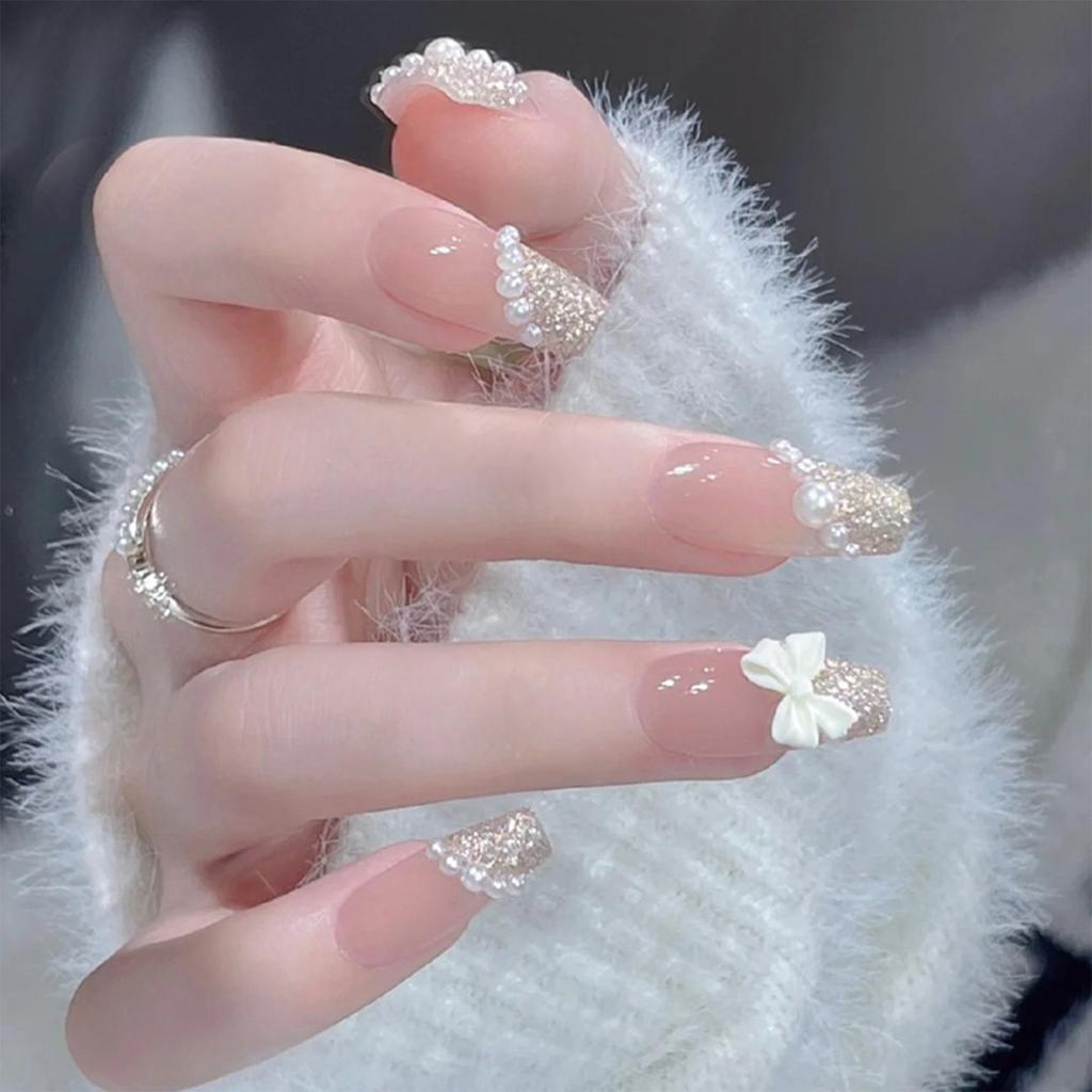 Shiny Square False Nail Tips Sparkling Bow Artificial Finger Manicure with Nail Glue for DIY At-Home Manicure Kit