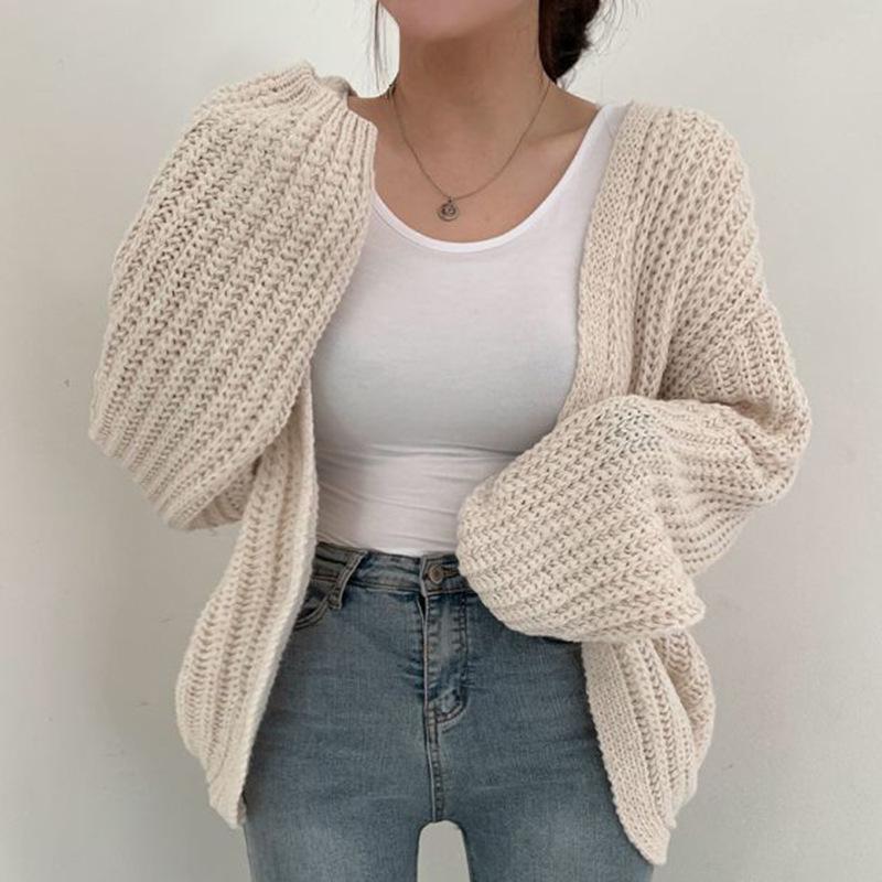Korean Early Autumn V-neck Loose Casual Lantern Sleeve Cardigan Sweater for Women