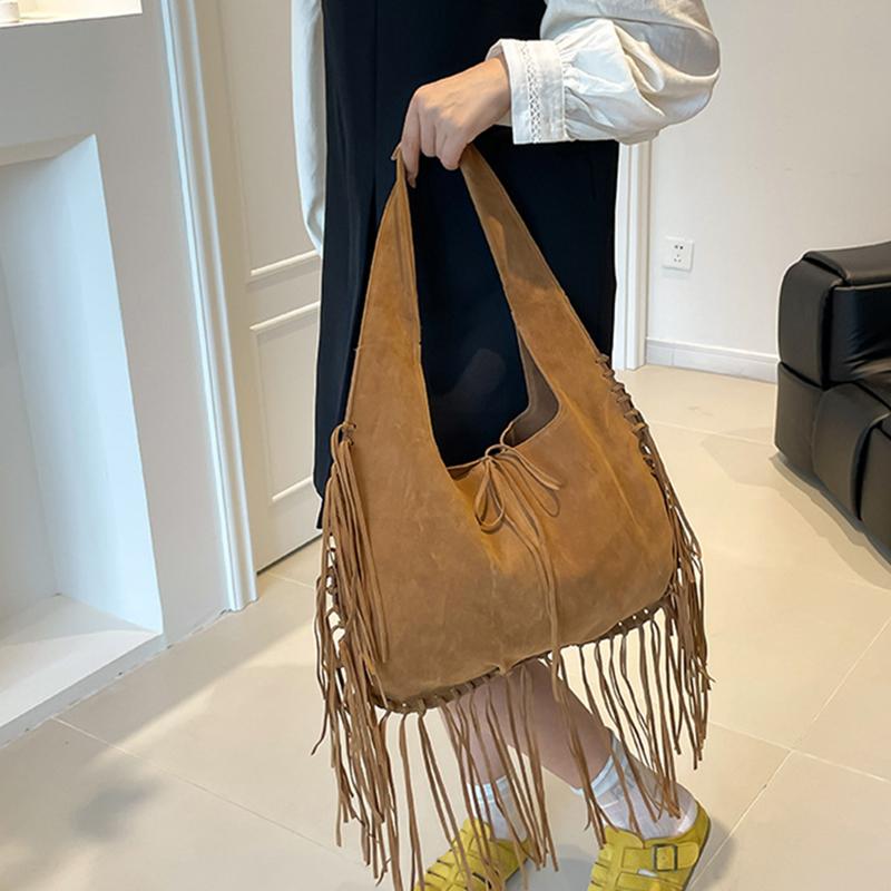 Boho Chic Kordový Střapec Dámská Taška přes Rameno Podzim Velkokapacitní Ručně Vyráběná Jednobarevná Hobo Tote Taška
