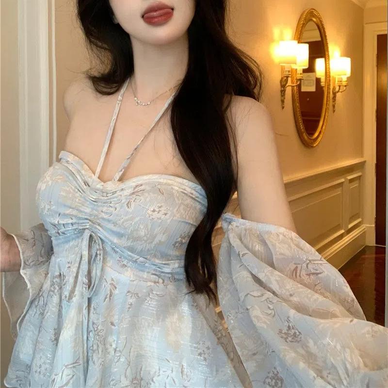 Sweet Spicy Sexy Blouse Blue Floral Chiffon Hanging Elegant Neck with One Shoulder Sleeves Vintage Detachable All-match Shirts