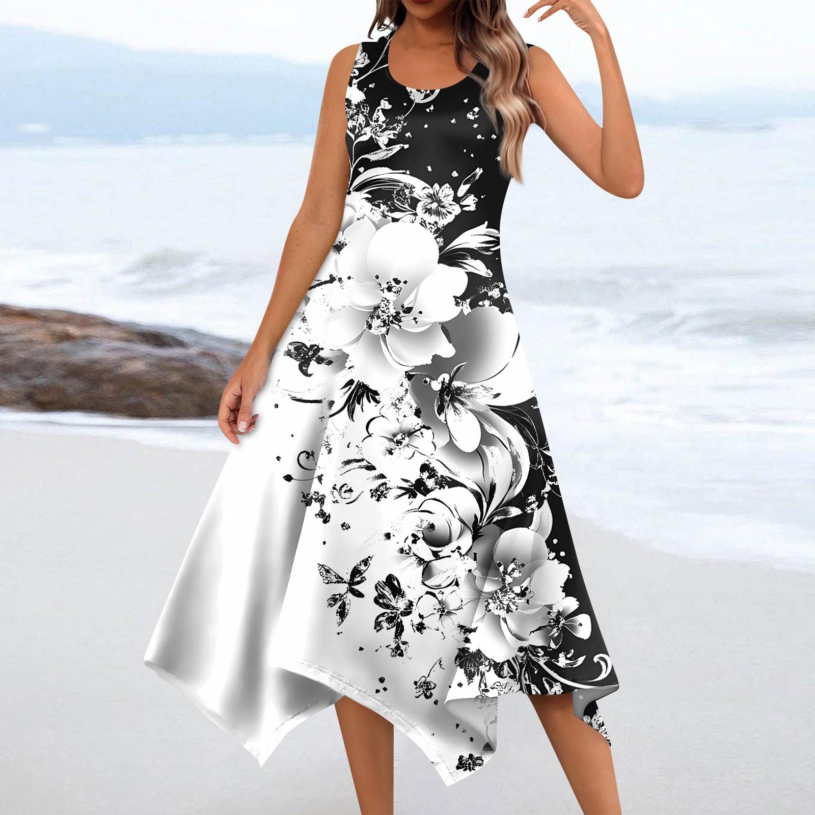 

Женское повседневное модное платье миди без рукавов с круглым вырезом и цветочным принтом, нерегулярный подол L чёрный